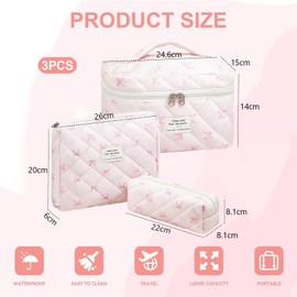 FloralGrace 3 Piece Cosmetic Bag Set, Ladies Cosmetic Bag with Bow, Cosmetic Pouch Bow, Cosmetic Bag, Small Make Up Bag Bow, Make-up Bag, Ladies Quilted Toiletry Bag