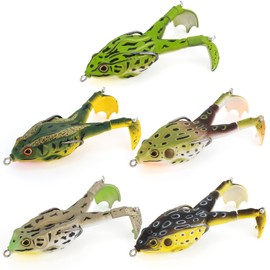 Dr.Fish 5pcs Frog Topwater Lures Set Frog Soft Fishing Lures Propeller Artificial Lures Double Hooks 3D Eyes Plastic Hollow Body for Bass Pike Freshwater Saltwater Fishing 10cm/16g