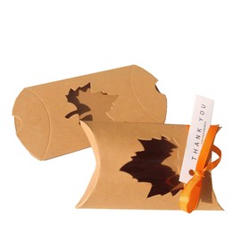 25 PCS Kraft Pillow Gift Box with Window Candy Treat Box Jewelry Packaging Box with Tags for Thanksgiving Wedding