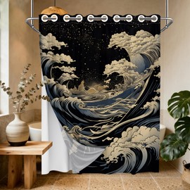 DLTAY Anime Hookless Shower Curtain, Japanese Great Waves, 71" W x 74" L