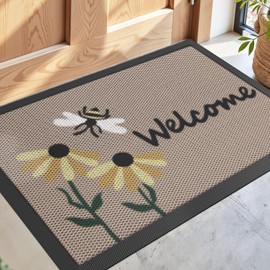 DEXI Front Door Mat Outside Entrance Welcome, Summer Froral Entryway Doormat Dirt Trapper, Heavy Duty Non Slip Entry Mats for Patio Garage Porch Home Decorative, 17x30, Bee and Flower