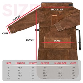 YESWELDER Leather Welding Apron with Sleeve and 6 Pockets, Heat Flame Resistant Cowhide Welder Apron, Brown, Mediun