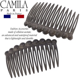 Camila Paris CP3034 French Hair Side Comb, Small Rounded, Gray French Twist Hair Combs Decorative, Strong Hold Hair Clips for Women Bun Chignon Up-Do Styling Girls Hair Accessories, Made in France