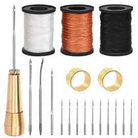 Swpeet 10Pcs Portable Copper Handle Canvas Leather Sewing Awl Needle and 3 Colors Nylon Waxed Thread Cord with Thimble Assortment Kit, Leather Sewing Tools for Canvas, Shoe and Leather Repair