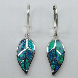 Amber America Blue FIRE OPAL Leaf Earrings 925 STERLING SILVER Rhodium Leverback #37
