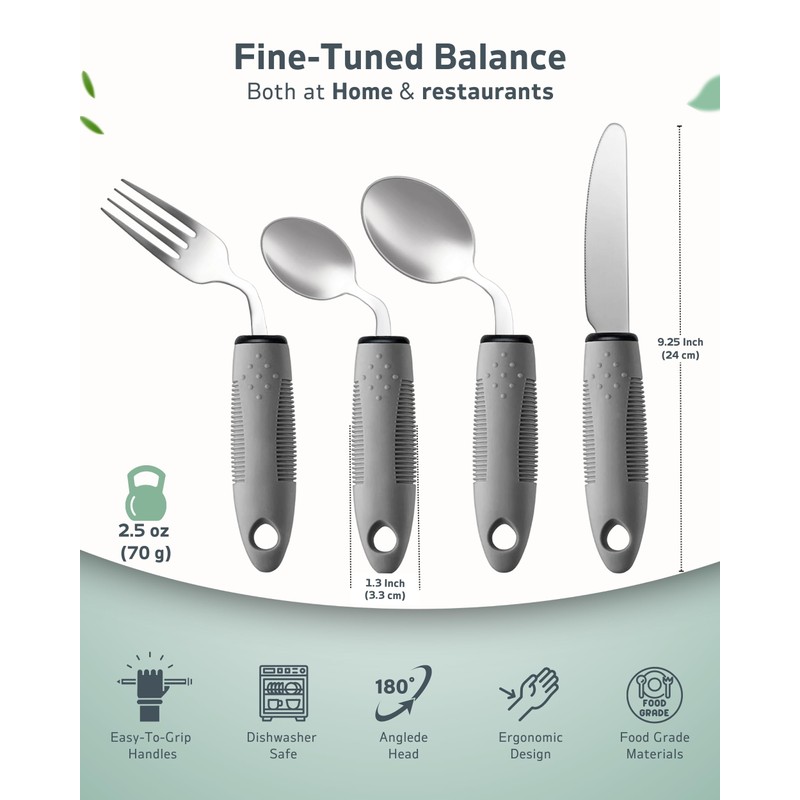 BaseSmall 4-Piece Adaptive Utensils Set - 42° Angled Parkinsons Utensils,