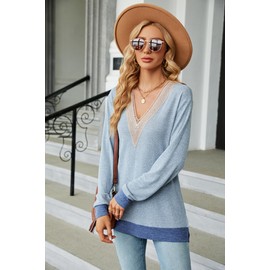 iChunhua Warm V Neck Sweatshirt Women Casual Ladies Long Sleeve T Shirts Size 10 Sky Blue S