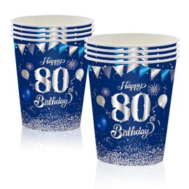 MORAINJAY 16Pcs Birthday Cups for 80,9oz/250ml Navy Blue Silver Paper Cups for 80th Birthday Party,Party Cups for Men Women Her Him,Birthday Party Supplies Table Decor