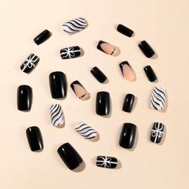 24Pcs Christmas Press on Nails Medium Length,Black French Tip Press on Nails Bow Stripes Design, Shiny Black White Acrylic Fake Nails with Gel Glue on Nails Rhinestones False Nails for Women