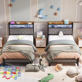 Winkalon Twin Led Bed Frame with Headboard, Bed Frame with Charging Station, Metal Platform Bed Frame Twin Size No Box Spring Needed, Modern Wood Upholstered Headboard and Under Bed Storage