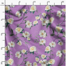 Soimoi Purple Moss Georgette Fabric Leaves & Magnolia Floral Decor Fabric Printed metre 42 Inch Wide