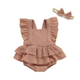 MERSARIPHY Newborn Baby Girl Summer Outfit Linen Ruffle Bubble Romper Dress One Piece Bodysuit Jumpsuit Infant Summer Clothes (Khaki, 3-6 Months)