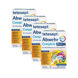 tetesept Defence Complete Direct Sticks, 10x Formula with Vitamin C + D3 + Zinc and 7 Additional 20 Direct Sticks Citrus Flavour for Defences, Immune System Vegetarian, Lactose & Gluten-Free, Pack of 4