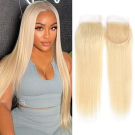 4X4 Lace Closure 613 Blonde Brazilian Hair Silky Straight Pre Plucked Transparent Lace Closure Human Hair Pieces Bleached Knots Natural Hairline 12 Inch