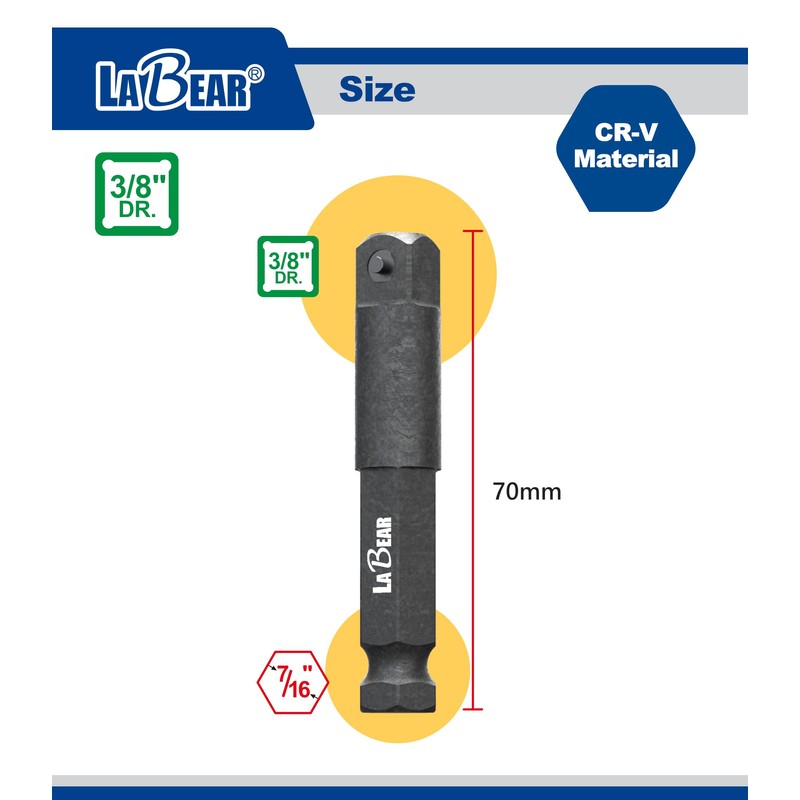 LABEAR- 3/8" Square Ext, 7/16" Hex, 3/8-Inch male square, works