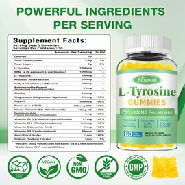 Sijigood L-Tyrosine Gummies 1000MG, Brain, Mood, and Energy Support Supplement for Adults - Vegan & Gluten-Free L-Tyrosine Supplement, Mango Flavor, 60 Count