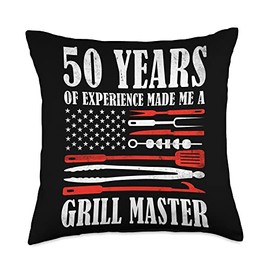 Vintage American Flag Grill Masters 50 Birthday 50 Year Old BBQ Vintage US Flag Grill Masters 50th Birthday Throw Pillow, 18x18, Multicolor