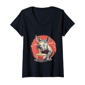 Womens Rhino Eating Ramen Noodles Japanese Noodles Rhino Noodle Art V-Neck T-Shirt