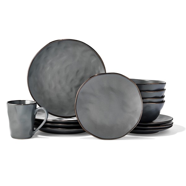 American Atelier Luna Round Dinnerware Set – Stoneware Party Collection w/ 4 Dinner Plates, 4 Salad Plates, 4 Bowls & 4 Mugs – Gift Idea for Any Special Occasion or Birthday, Gray/Gold, 16 piece set