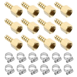 sourcing map 12pcs Brass Hose Barb Fittings, 5/16" Barb x 1/4" NPT Female Brass Barb Pipe Fitting Adapter with 12pcs Hose Clamps for Water Fuel Air