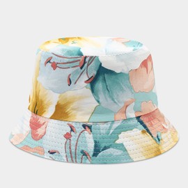 Quanhaigou Reversible Printed Bucket Hat,Summer Beach Outdoor Cap (Floral Blue)