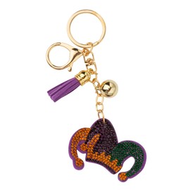 Artisan Owl Mardi Gras Jester Hat Keychain with Bedazzled Jewels, Claw Closure, Tassel – Colorful Decorative Accessory for Festive Celebrations