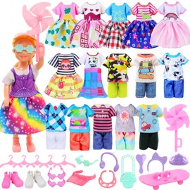 27 PCS for Mini 6 Inch Doll Clothes and Accessories Include 4 Tops, 4 Pants, 4 Dresses, 2 Shoes, 2 Pink Sunglasses 1 Skate and 14 Life Accessories for 5.3 Inch - 6 Inch Dolls