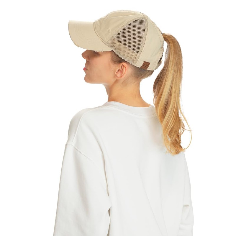 C.C Solid Cotton Ponytail Cap Pony Cap (Beige)