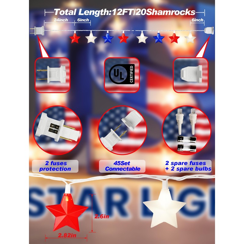 20-Light Patriotic Star String Lights, Red White and Blue LED
