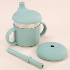 MYCOKI SP Baby Sippy Cup, Silicone Training Stainless Steel Kid Cups, Break Resistant Straw Lid Cup for Infants 6-12 Month Toddlers and 1-3 Year Kids, 7.4 Oz Water Drinking Cup (Green, 1pc)