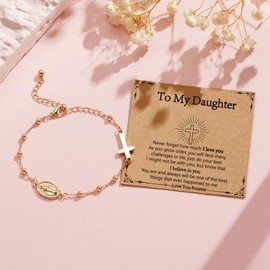 VULETO To My Daughter Catholic Gifts from Mom Dad,Virgin Mary Rosary Beads Cross Charm Link Chain Bracelet Religious Jewelry First Communion Confirmation Baptism Gifts for Her Gold
