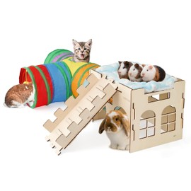 hiimalex 3-in-1 Gift for Bunny: Rabbit Wooden Castle with Ramp, Plush Bed and Collasiple Tunnel for Indoor Rabbit Guinea Pigs Hamsters Chinchilla Gerbil Hedgehog to Play Hide and Rest