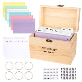 NICECHEF Index Card Holder 4x6, Wooden Recipe Box with 300 PCS Flash Cards Card Organizer,12 White Dividers, 6 Metal Rings, 2 Sticker, for Office, Business, Flashcard Notecard Holders for Home Office