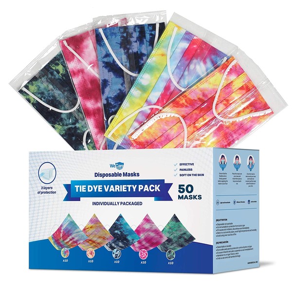 WECARE Disposable Face Mask Individually Wrapped - 50 Pack, Assorted Tie Dye Masks - 3 Ply