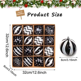 SVNVIOZ Pack of 16 8 cm Christmas Baubles, Black and White, Christmas Tree Baubles, Plastic Decoration, Shatterproof Christmas Tree Decorations with Hanger, Christmas Tree Baubles for Christmas