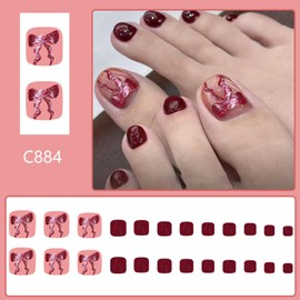 Glitter Bow Press on Toenails Red False Toenails Glossy Short Square Acrylic Toe Nails Reusable Full Cover Toe Nails for Women Girls