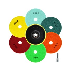 QUEFORET Diamond Polishing Pads Set 8 Pieces - 6 Pieces 100 mm Wet Polishing Wheels (Grit 50/100/200/400/800/1500), 1 Piece Polishing Plate, 1 Piece Adapter for Granite Marble Quartz Artificial Stone
