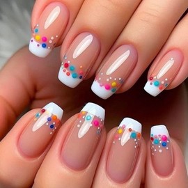 MERVF Coffin Press on Nails Long Fake Nails White French Tip Glue ons Colorful Dot Design Acrylic Ballerina Nail Supplies DIY Summer Manicure Glossy 24pcs