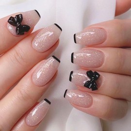 24PCS Christmas Press on Nails Short Square - ZWENJIE Winter Cute Glitter Fake Nails Black French Press ons Nail Art Tips with 3D Bow Design Full Cover Acrylic False Nails Glue on Nails Stick on Nails