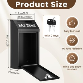 Yaocom Safe Cash Box Money Collection Box Metal Donation Box with Lock Wall Mount Pre Drilled Mailbox Delivery Ballot Box for Home Office Outdoor Self Serve Stand(Black,10.2 x 5.7 x 2.8 Inch)
