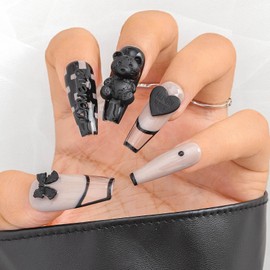Sethexy Brown Long Coffin Press-On Nails 3D Black Bear False Nails Elegant Acrylic False Nails Shiny Checkerboard Pattern for Women and Girls 20 Pieces (S)