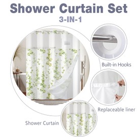 Green Leaves Shower Curtain No Hooks with Snap-in Fabric Liner Set,Spring Plant Vine Shower Curtain for Bathroom,Hotel Decor Waterproof Shower Curtains,with See Through Top Window,71W x 74H