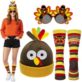 3 Pcs Thanksgiving Turkey Costumes Set for Men Women, Turkey Beanie Hat, Knee High Sock and Turkey Sunglasses Thanksgiving Day Party Favor Supplies