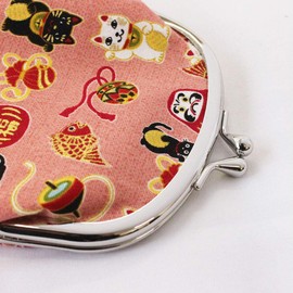 Japanese Traditional Chirimen Gamaguchi Coin Purse/Coin Pouch Manekineko (Beckoning Cat) Daruma Doll Design (Pink)