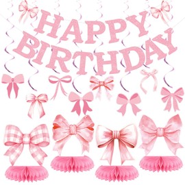 Coquette Pink Bow Girl Theme Birthday Party Decor - Include Happy Birthday Banner, Hanging Swirls and Honeycomb Centerpieces for Baby Shower