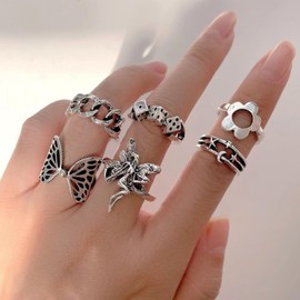 ZZ ZINFANDEL 6Pcs Vintage Silver Punk Stackable Knuckle Rings Sets for Women,Gothic Rings Poker Skull Flowers Butterfly Rings for Men Statement Y2k Ring Sets (Sliver-A)