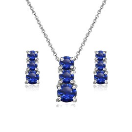 Sterling Silver Synthetic Blue Spinel Round Graduating Three Stone Stud Earrings & Necklace Set