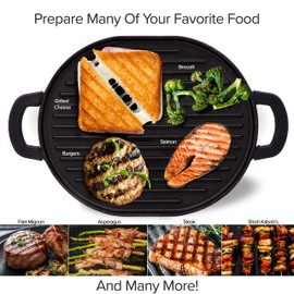 Nuwave Cast Iron Grill, 12.42”x10.21” Non-Stick Grilling Surface, Deep Grill Ridges, Pre-Seasoned, Stay-Cool Silicone Handles, Easy-to-Clean,Oven Safe,Stovetop,BBQ,Fire & Smoker,Induction-Ready,Black