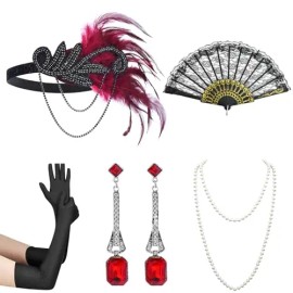 Women 1920s Flapper Set with Headband Beaded Necklaces Earrings Gloves for Vintage Wedding Costume AccessoriesColor: Red 01