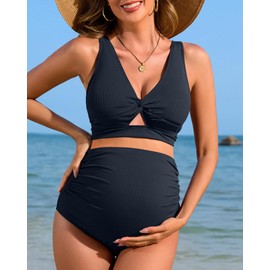 Charmo Women Maternity 2 Piece Bikini Set Ribbed Cutout Pregnancy Bathing Suit with Adjustable Straps Wine Navy M